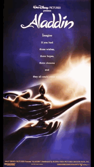 a poster for the movie aladdin shows a lamp in someone 's hands