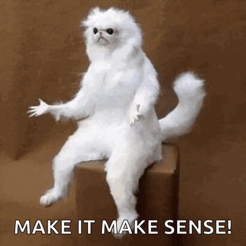 a stuffed white cat is sitting on a box with the words make it make sense below it