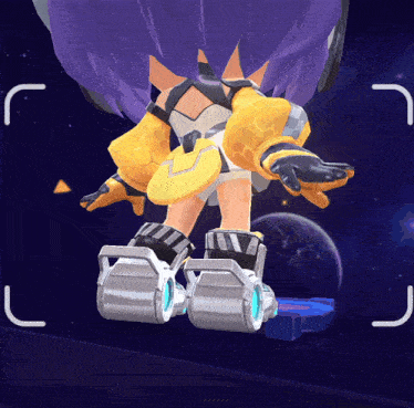 a cartoon character with purple hair and yellow gloves is flying through space