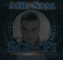 a blurry picture of a man in a circle with the word sci-fi in the background
