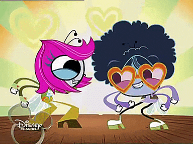 two cartoon characters wearing heart shaped sunglasses are dancing on a disney channel advertisement