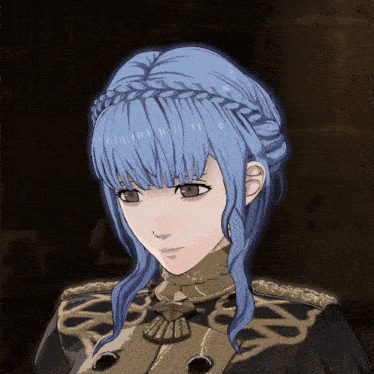 a video game character with blue hair and a braid