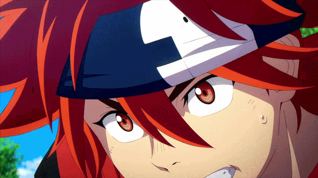 a close up of a red haired anime character wearing a blue hat