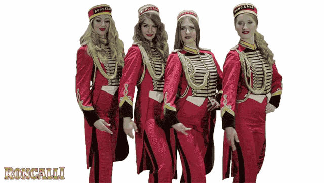 four women in red uniforms are standing next to each other with the word roncalli on the bottom