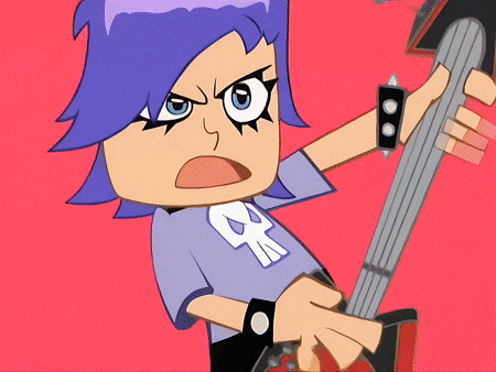 a cartoon character with purple hair and a skull shirt is holding a guitar