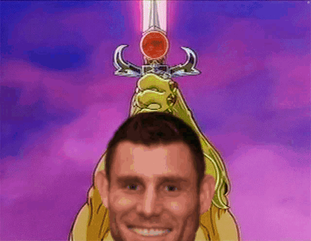 a man is holding a sword above his head