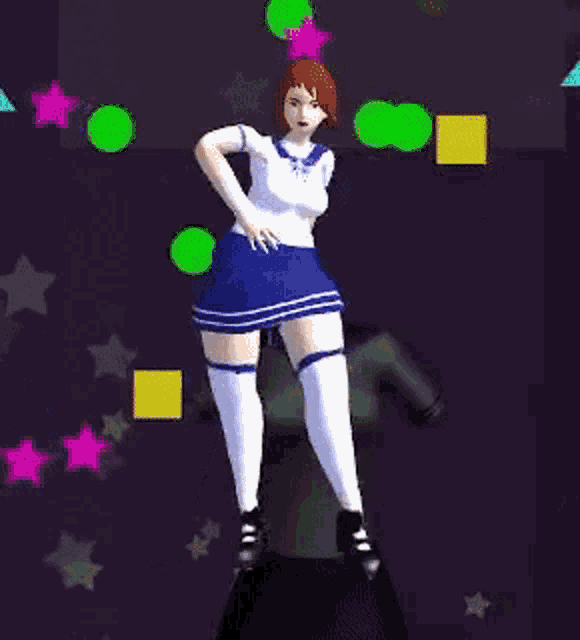 a girl in a blue skirt and white socks is standing on top of a mannequin