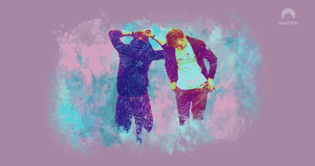 a painting of a man and a woman with a purple background that says ' north face ' on it