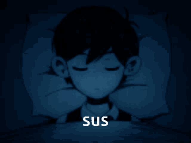 a drawing of a boy laying in a bed with the words " sus " below him