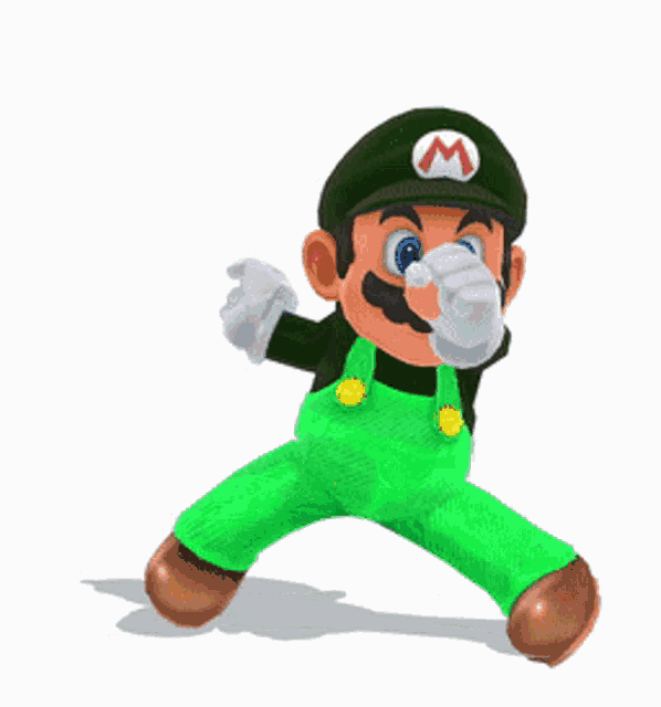 mario is wearing green overalls and a black hat