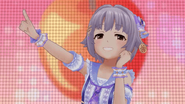 a girl with a heart in the background is smiling