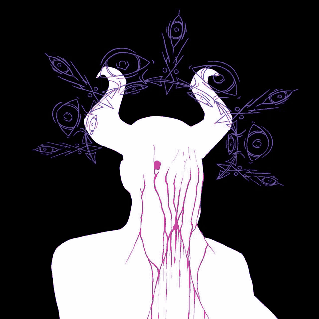 a drawing of a person with horns and eyes