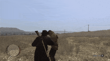 a video game screen shows a man holding another man 's head