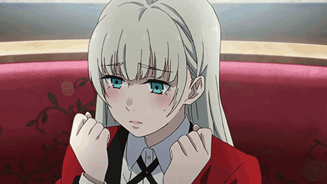 a girl with white hair and blue eyes is wearing a red jacket
