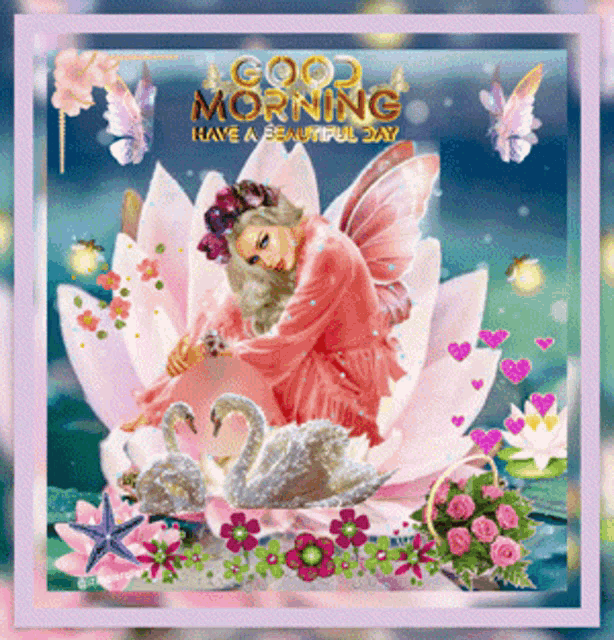 a good morning have a beautiful day greeting card with a fairy on a lotus flower