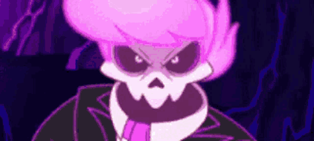 a cartoon skeleton with pink hair and a purple suit and tie .