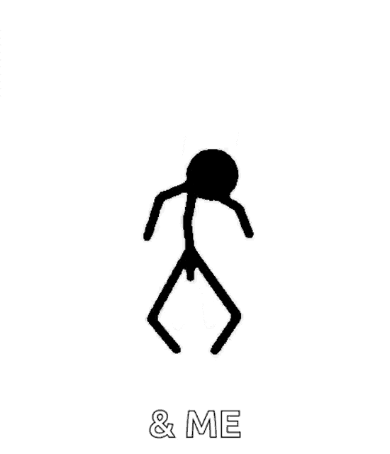 a stick figure is dancing on a white background with the words `` & me '' written below it .