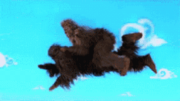 a cartoon drawing of a man riding a dog in the air