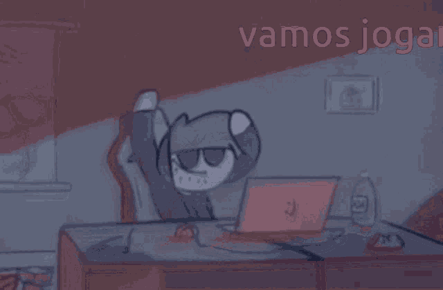a cartoon character is sitting in front of a laptop with the words " vamos jogar " on the bottom right