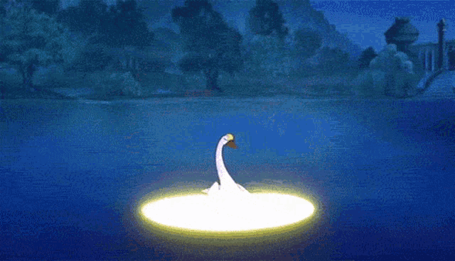 a cartoon of a swan and a frog in a pond