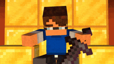 a minecraft character holding a sword with a yellow background