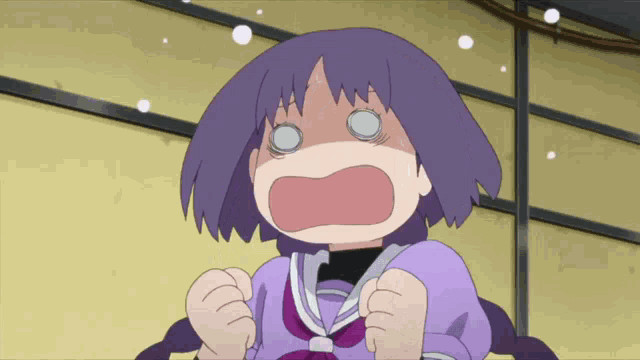 a girl with purple hair is making a funny face