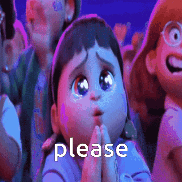 a little girl is praying in front of a crowd and the word please is on the screen