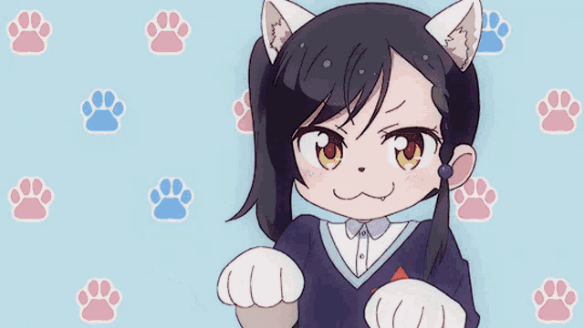 a girl with a cat ear and paw prints on a blue background