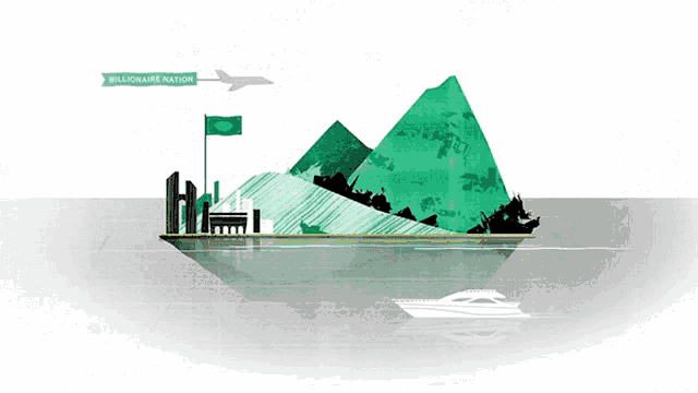 an illustration of a billionaire nation with a green mountain in the background