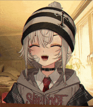 a girl wearing a beanie and a shirt that says scumbot