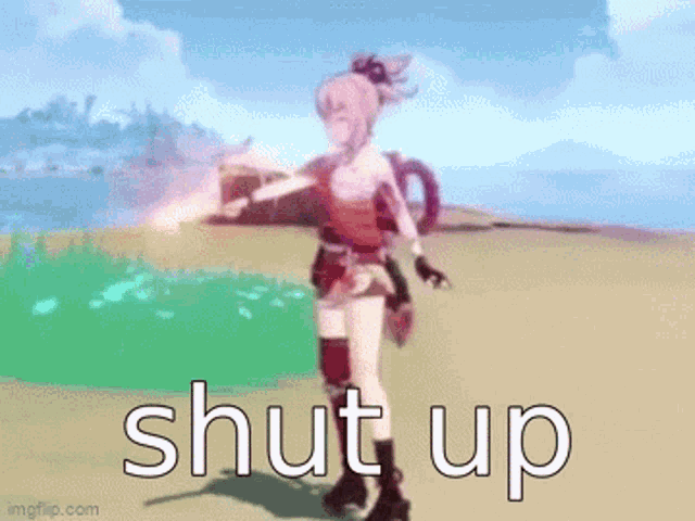 a girl in a red dress is standing on a beach with the words shut up behind her .