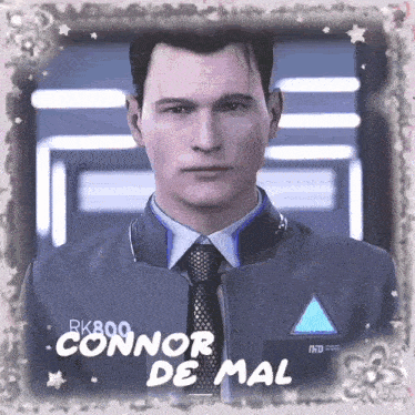 a picture of a man in a suit and tie with the name connor de mal on the bottom