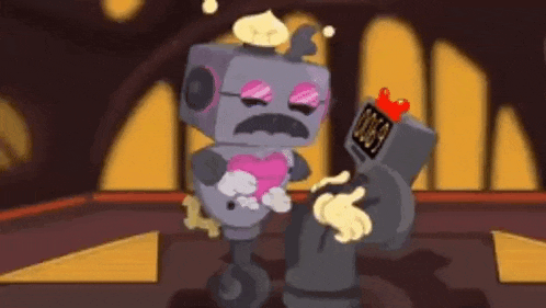 a cartoon robot is holding a pink heart and standing next to a clock .