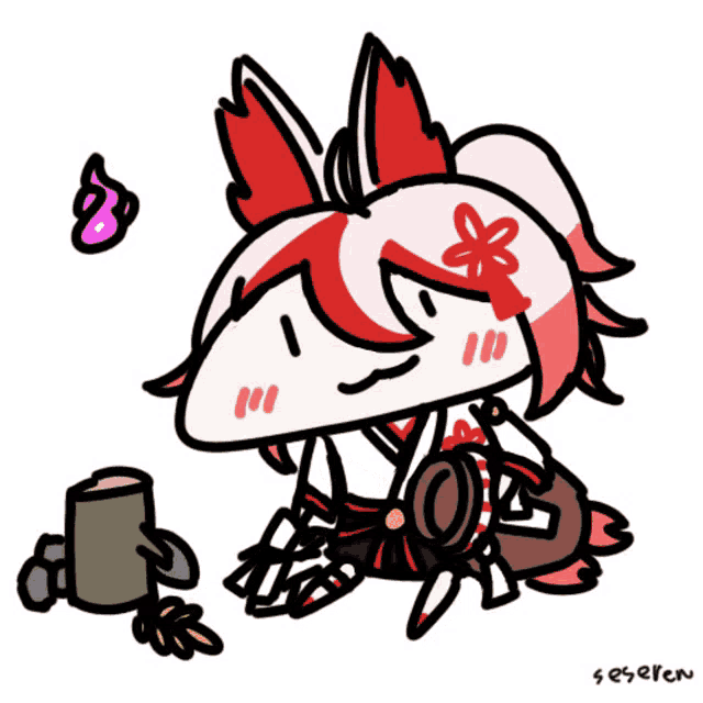 a cartoon drawing of a girl with red and white hair and the name seseren on the bottom right