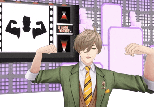 a man is flexing his muscles in front of a sign that says time over
