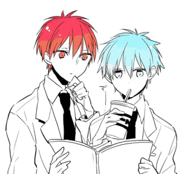 a black and white drawing of a boy with red hair and a boy with blue hair