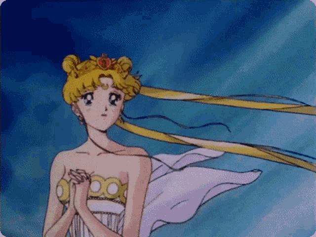 a girl with a crown on her head stands in the wind