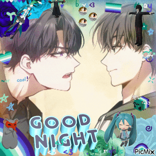 a collage of anime characters with the words good night written in blue