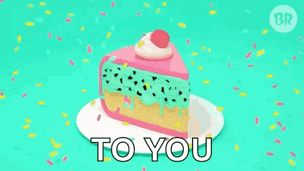 a slice of birthday cake with a cherry on top is on a plate with the words `` happy birthday to you '' .