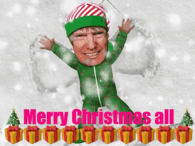 a christmas card with donald trump making a snow angel and the words merry christmas all on the bottom