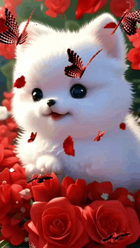 a white dog surrounded by red roses and butterflies