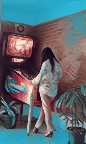 a painting of a woman playing a pinball machine that says ' pinball ' on the side