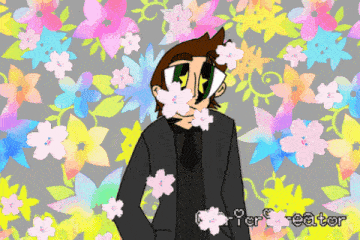 a man in a suit and tie is surrounded by flowers and the name pier eater