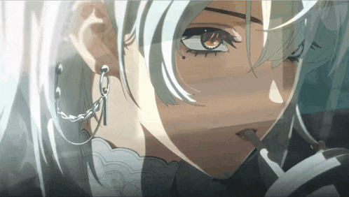 a close up of a person with white hair