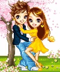a pixel art of a boy holding a girl in his arms while standing next to a tree .
