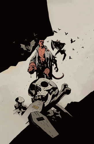 a drawing of a man standing on top of a skull with a coffin in the background