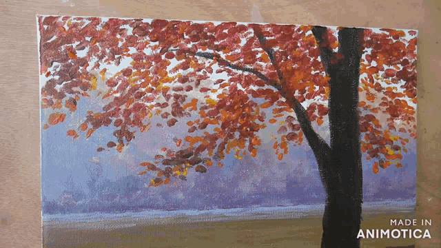a painting of a tree with red leaves made in animotica