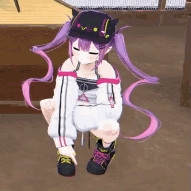 a girl with purple hair and a black hat is sitting on the ground .