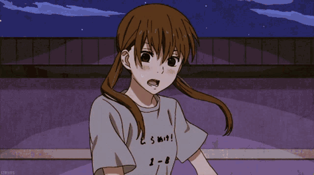 a girl wearing a t-shirt with the number 1 on it looks surprised