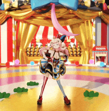 a girl in a clown costume stands in front of a ticket booth at a carnival